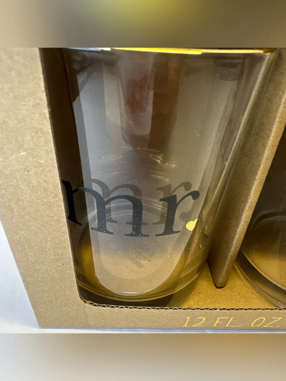 Mr. and Mrs. Hearts Gold Rim 2-Pc. Wiskey Rock Glasses, 12 oz. new in box,